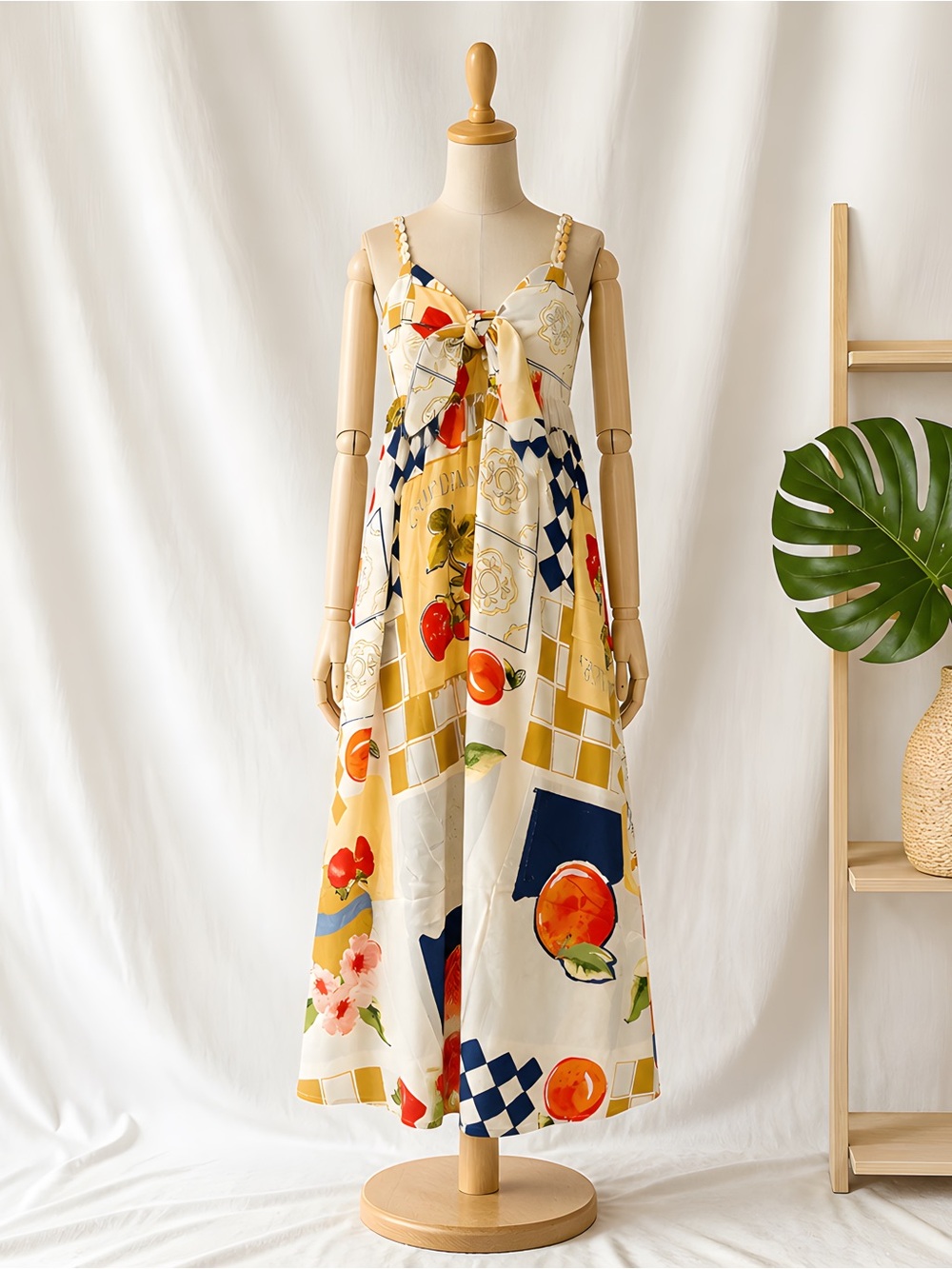 NWT CAROLINE CONSTAS TIE FRONT FRENCH FRUIT MIDI DRESS, SMALL